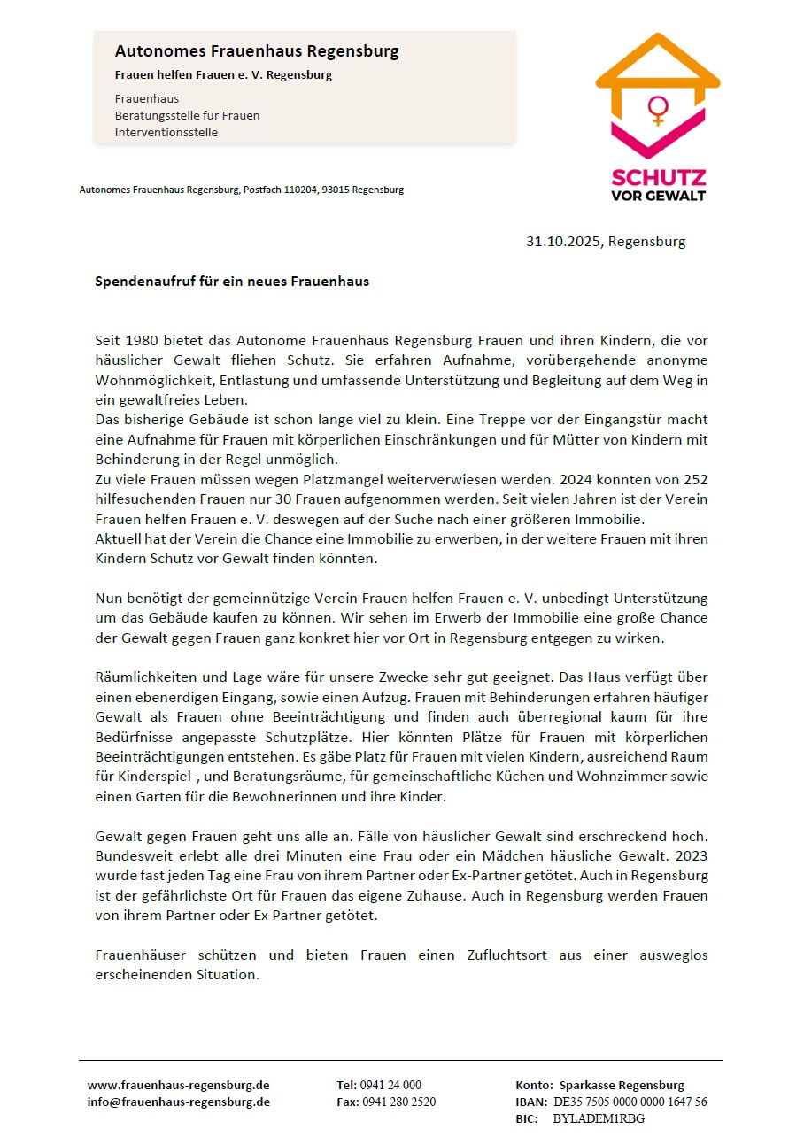 Frauenhaus Regensburg: Spendenaufruf